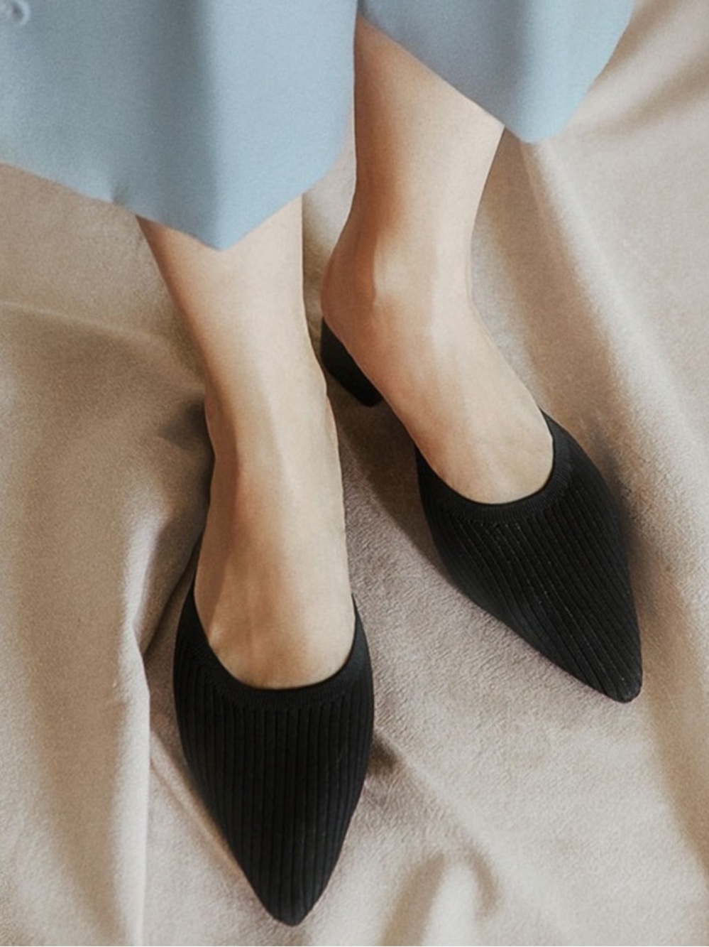 TIJN Helka Black Knit Pointed Toe Mule Slides Low Block Heel Women’s Size 6